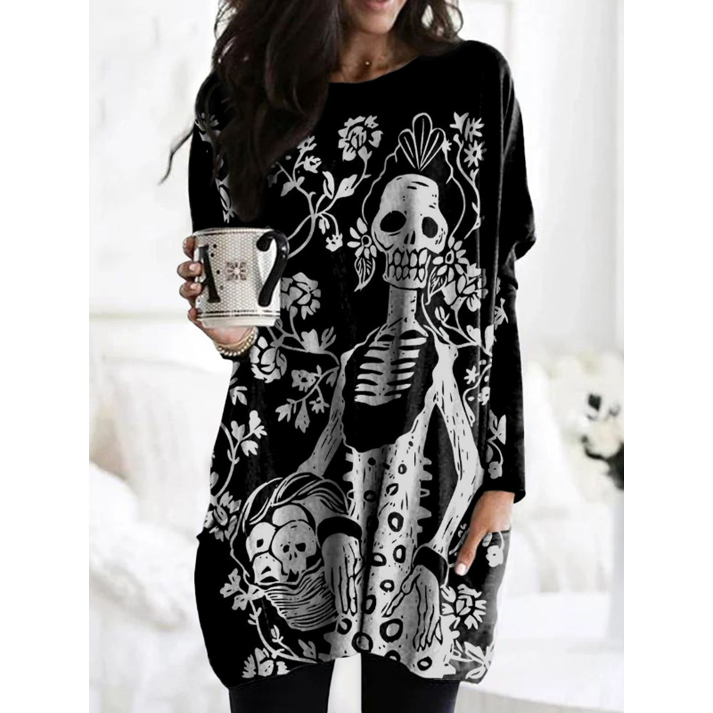 Casual Skull Floral Print Tunic