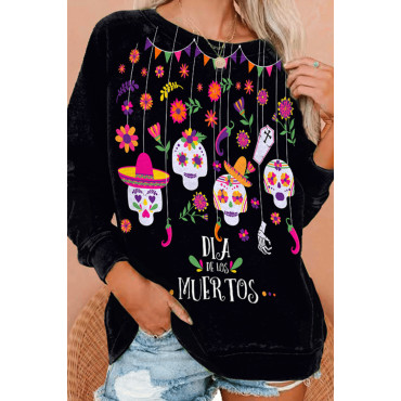 Casual Skull Print Crew Neck Sweatshirt