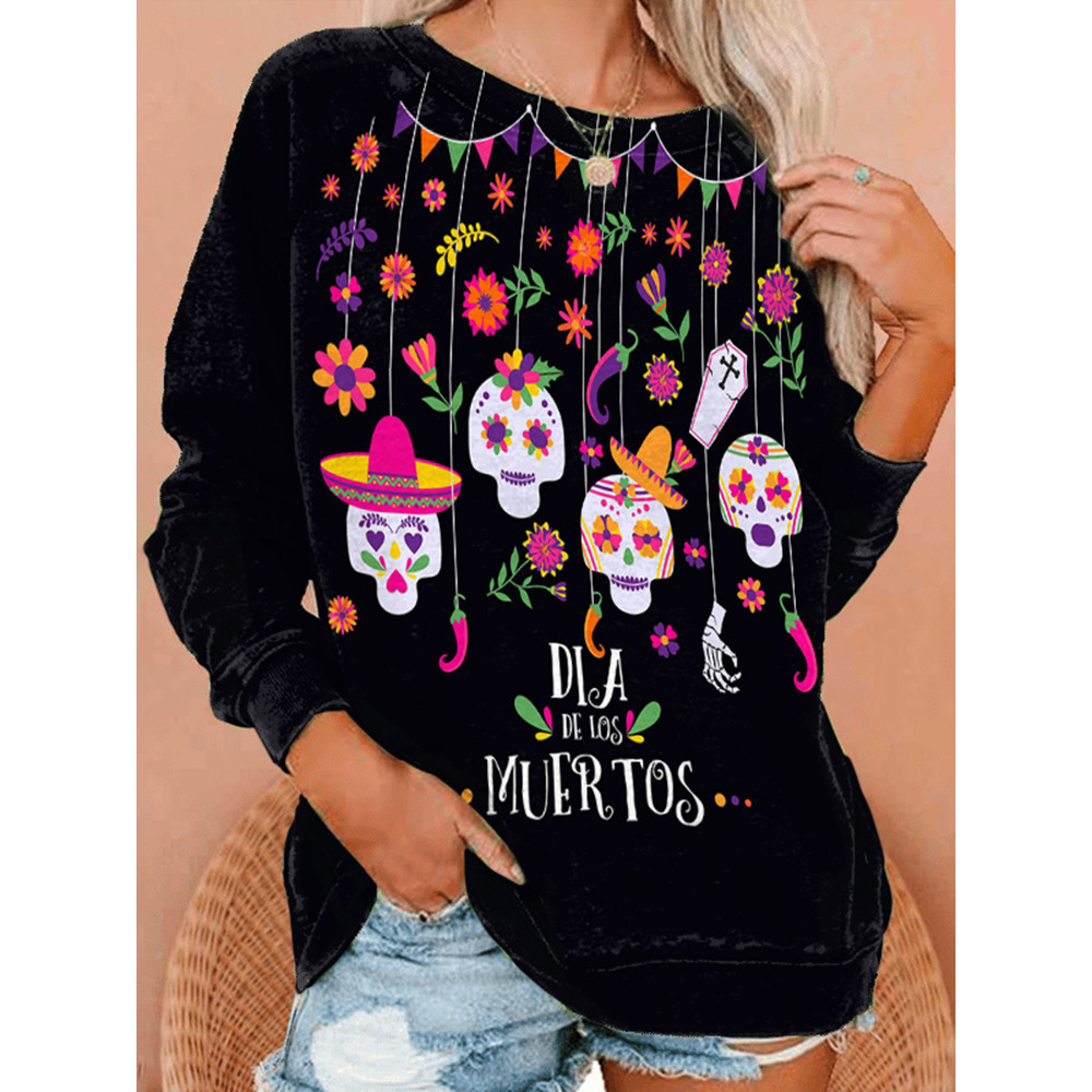 Casual Skull Print Crew Neck Sweatshirt