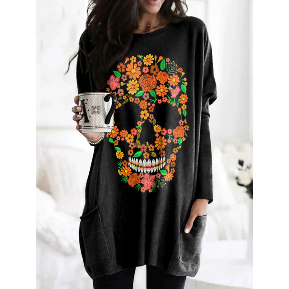 Casual Tagetes Erecta Skull Print Tunic