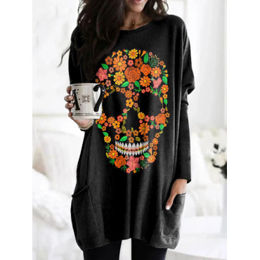 Casual Tagetes Erecta Skull Print Tunic
