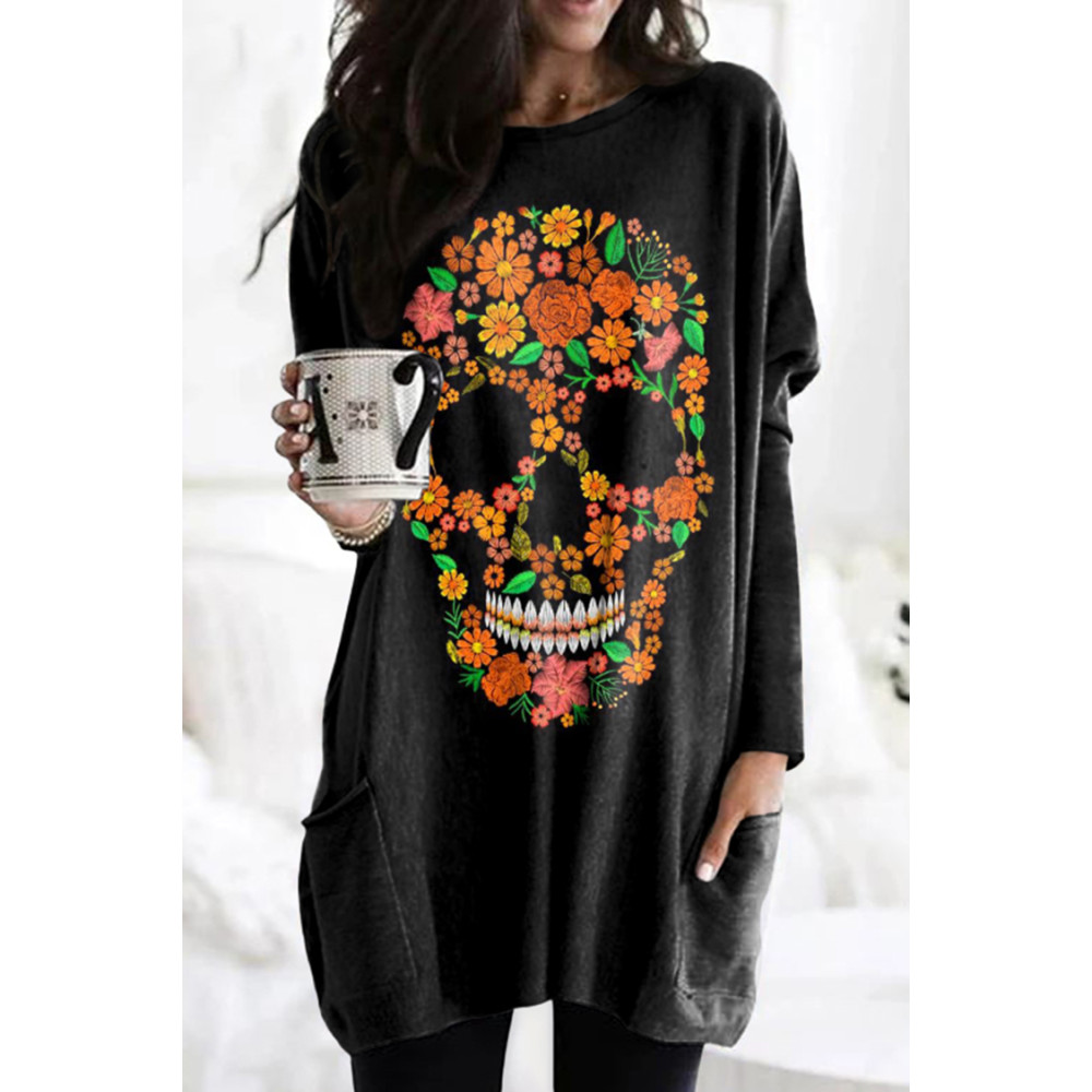 Casual Tagetes Erecta Skull Print Tunic