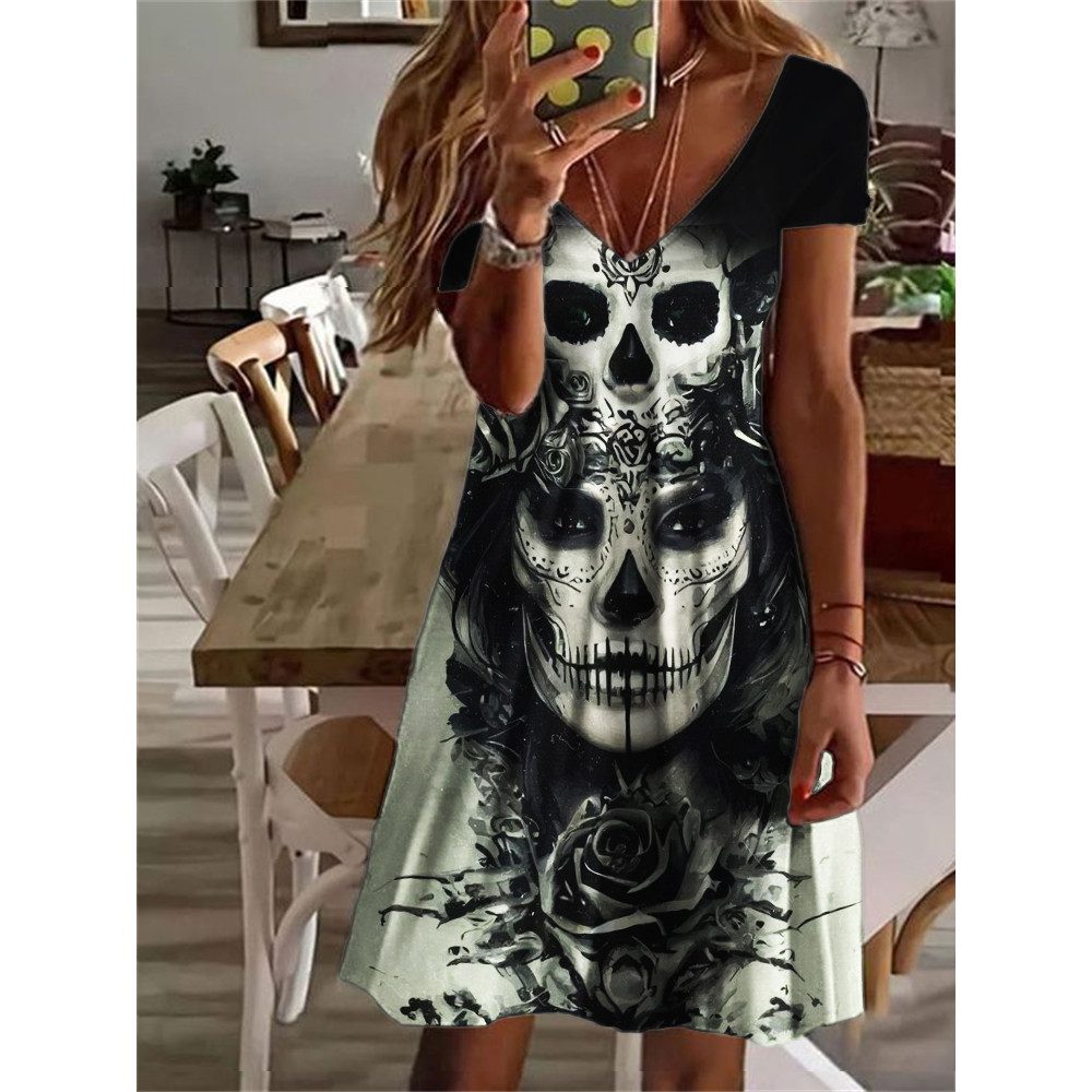 Classy Sugar Skull & Rose Art V Neck Midi Dress