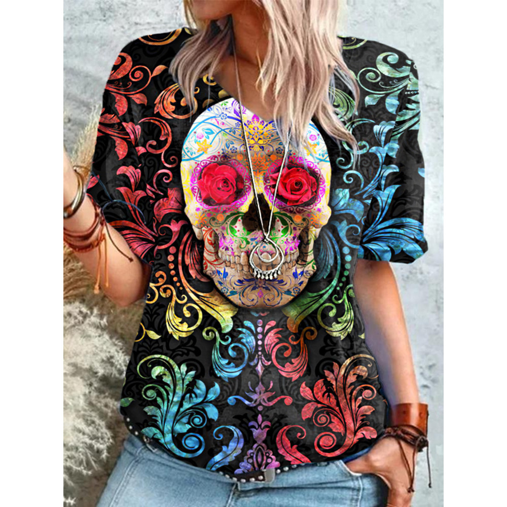 Colorful Floral Skull Print Short Sleeve T-Shirt
