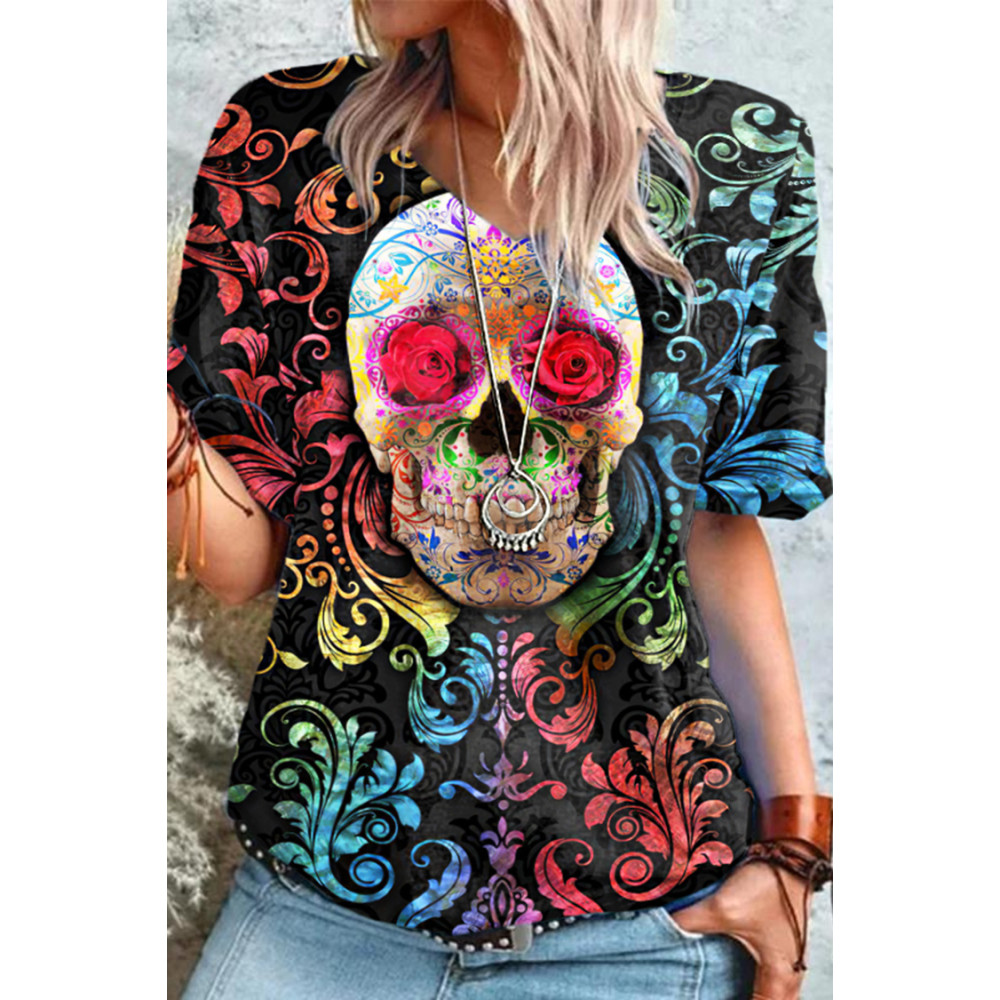 Colorful Floral Skull Print Short Sleeve T-Shirt