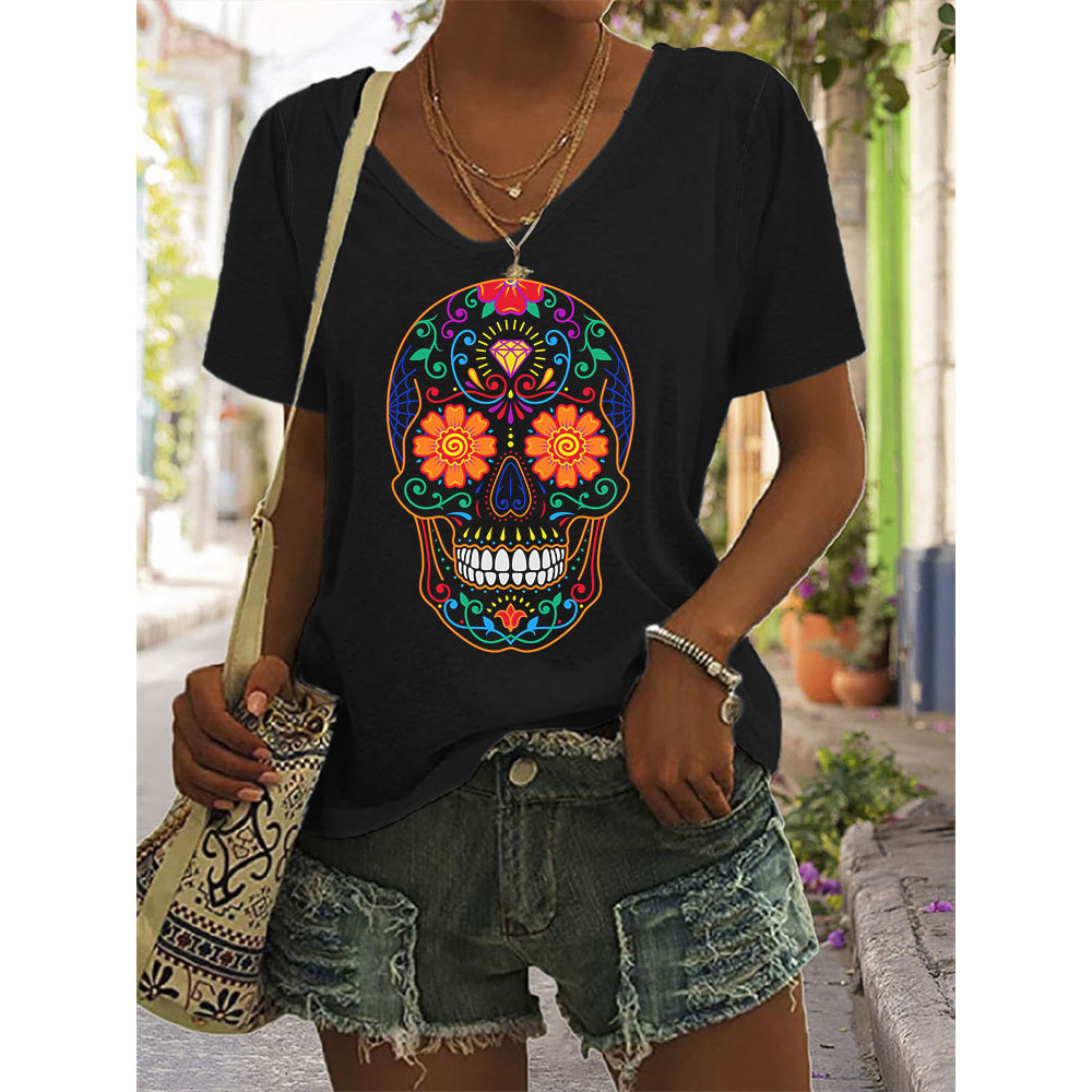 Colorful Sugar Skull Print Comfy T Shirt