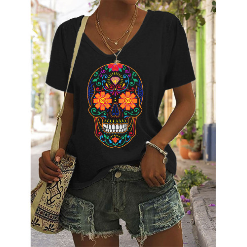Colorful Sugar Skull Print Comfy T Shirt