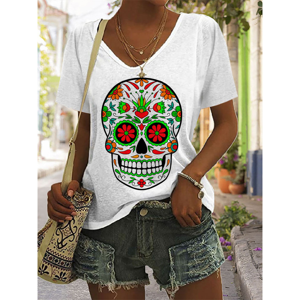 Colorful Sugar Skull Print V Neck T Shirt