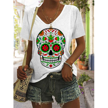 Colorful Sugar Skull Print V Neck T Shirt