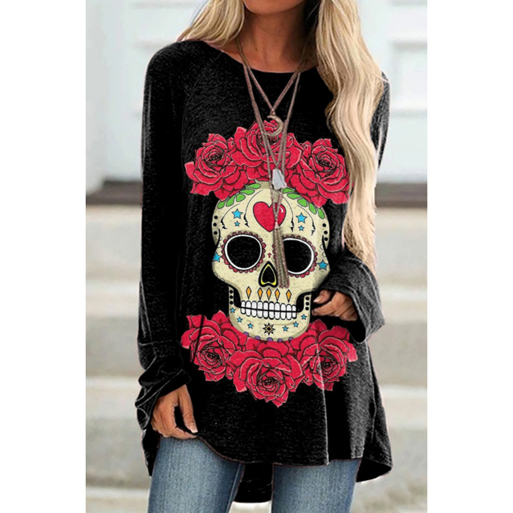 Crew Neck Rose And Skull Print Tunic