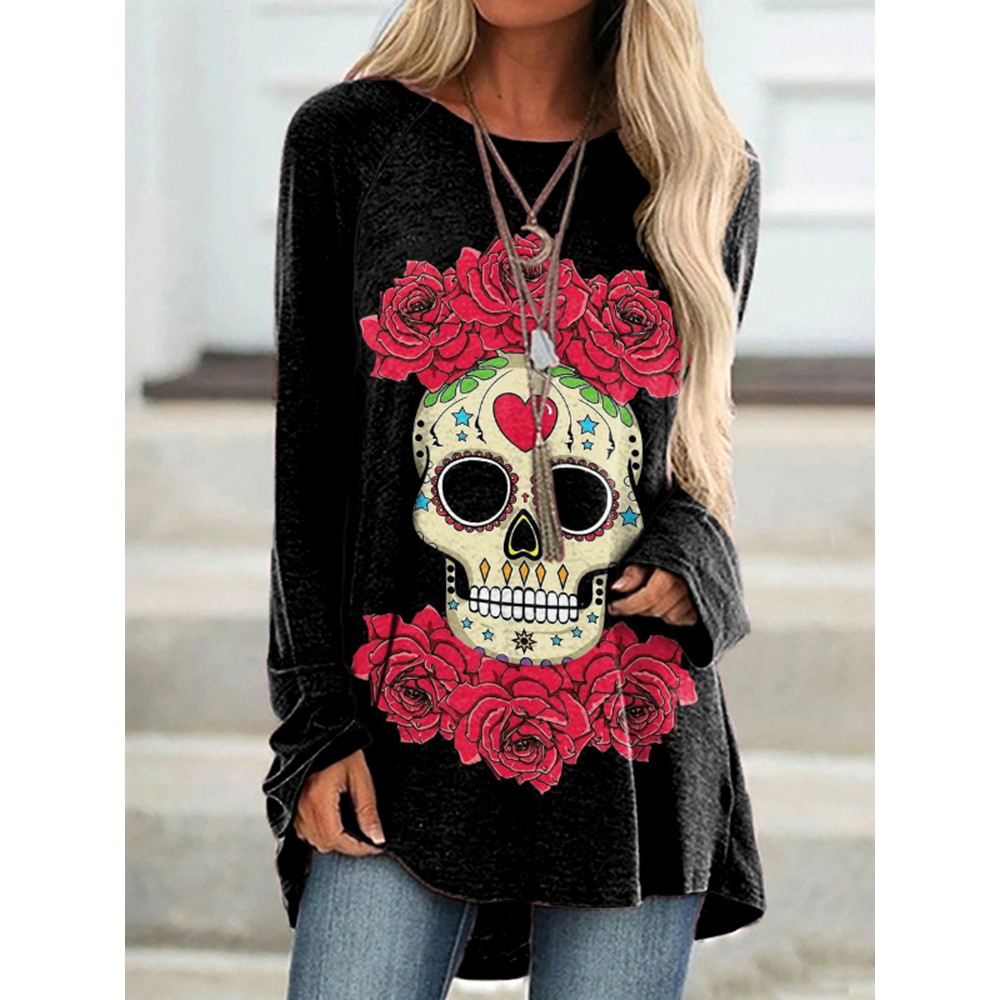 Crew Neck Rose And Skull Print Tunic