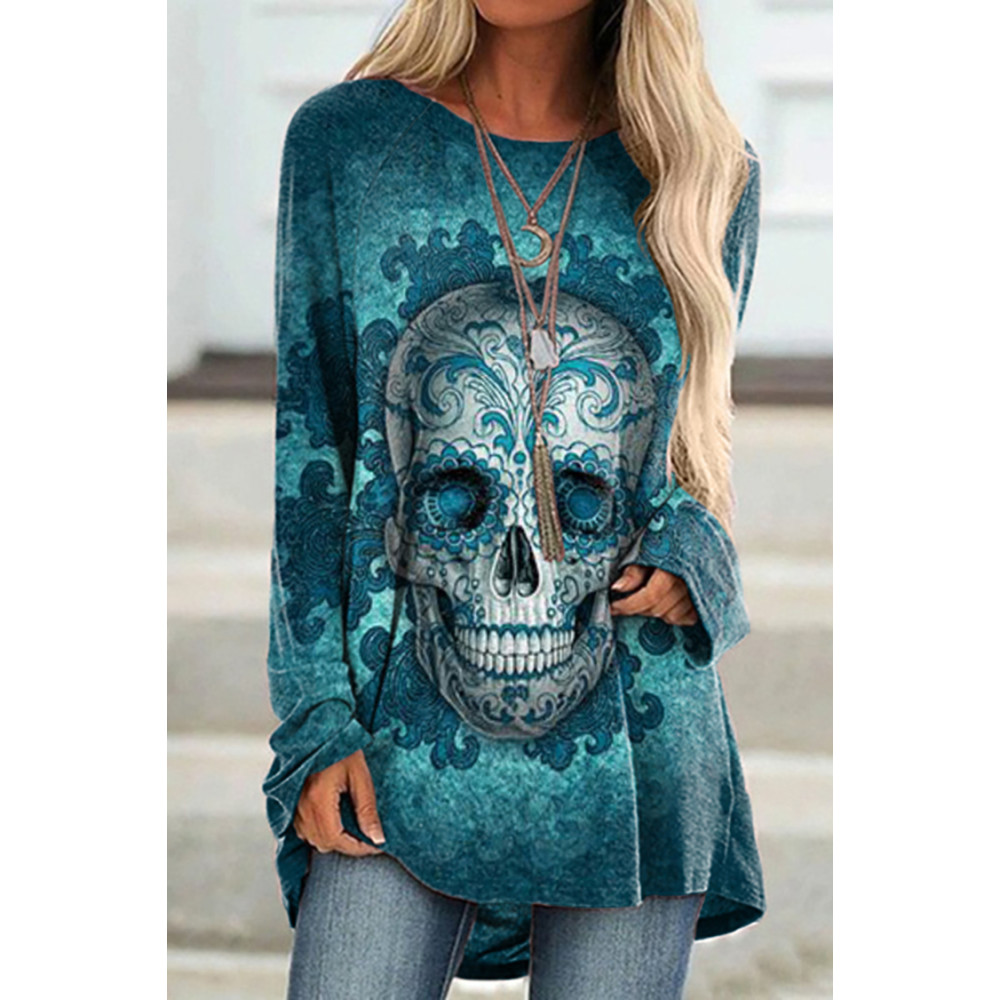 Crew Neck Totem Skull Print Tunic