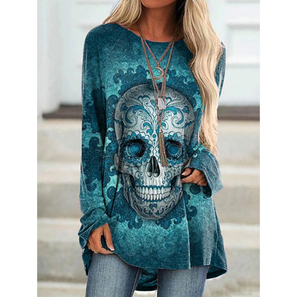 Crew Neck Totem Skull Print Tunic