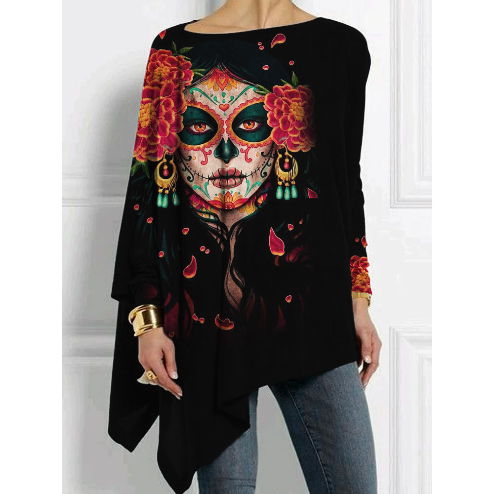 Day Of The Dead Art Floral Bat Sleeve T Shirt