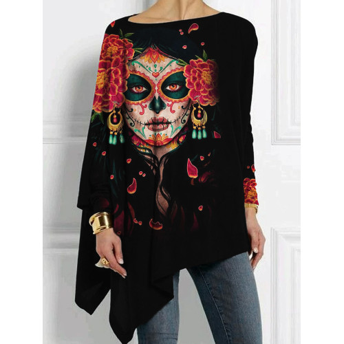 Day Of The Dead Art Floral Bat Sleeve T Shirt