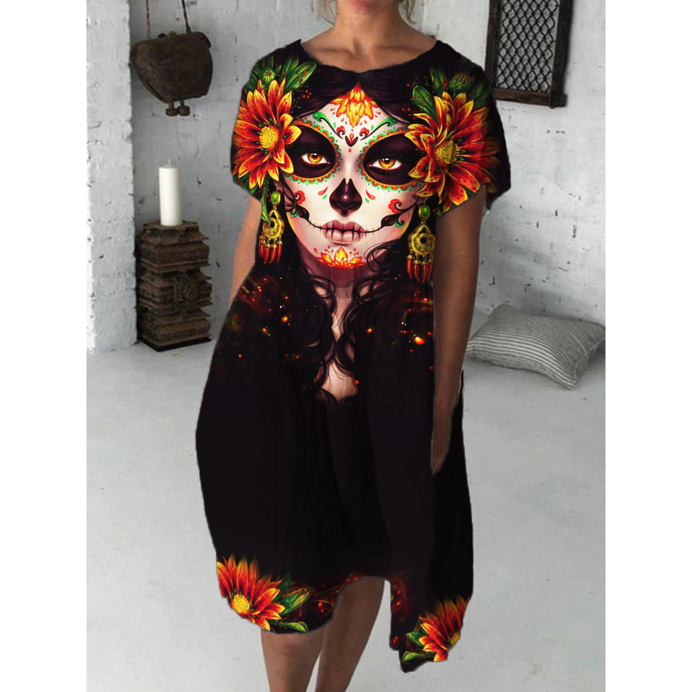 Day Of The Dead Art Floral Midi Dress