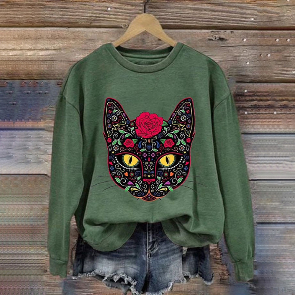 Day Of The Dead Cat Sugar Skull Print Sweatshirt