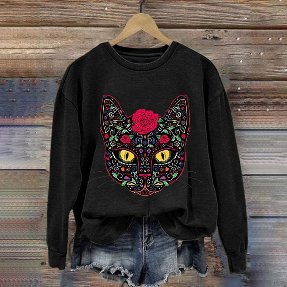 Day Of The Dead Cat Sugar Skull Print Sweatshirt