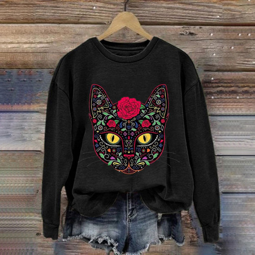 Day Of The Dead Cat Sugar Skull Print Sweatshirt