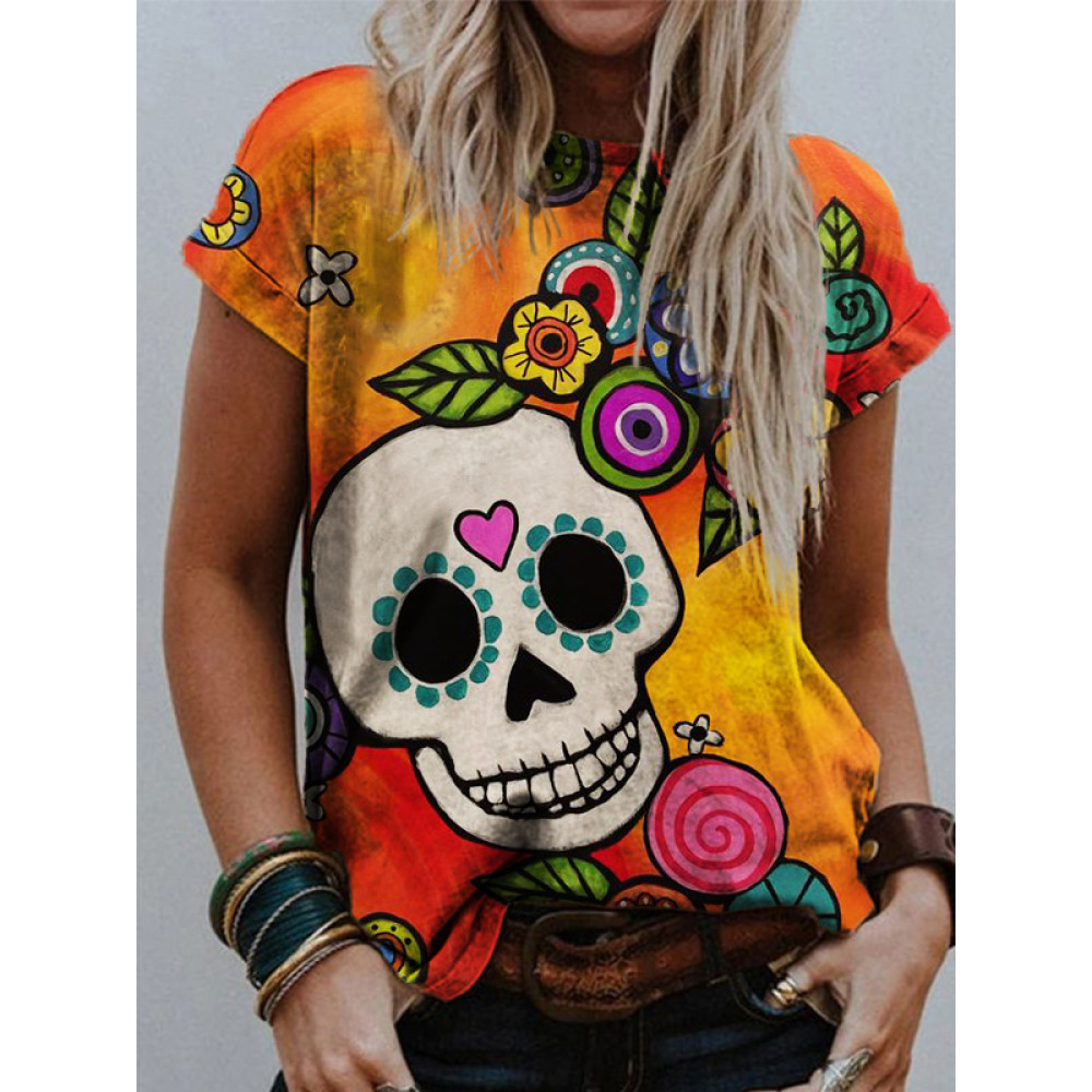Day Of The Dead Cute Skull Casual Crewneck T Shirt