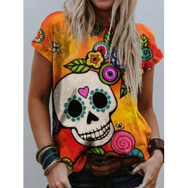 Day Of The Dead Cute Skull Casual Crewneck T Shirt