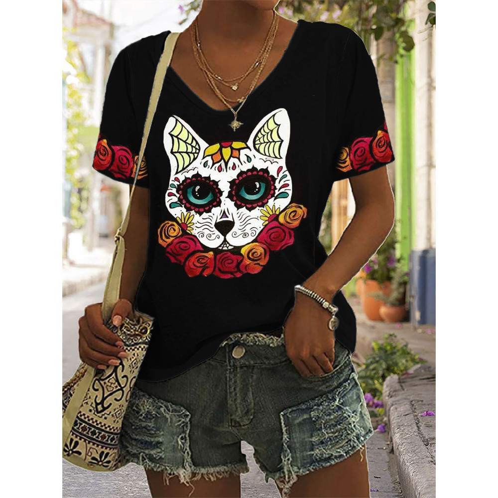 Day Of The Dead Floral Sugar Skull Cat T Shirt