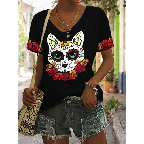 Day Of The Dead Floral Sugar Skull Cat T Shirt