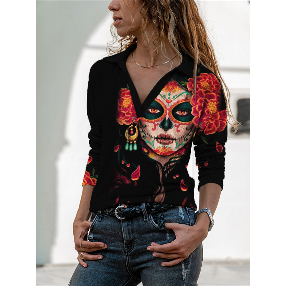 Day Of The Dead Flower Queen Skull Lapel T Shirt