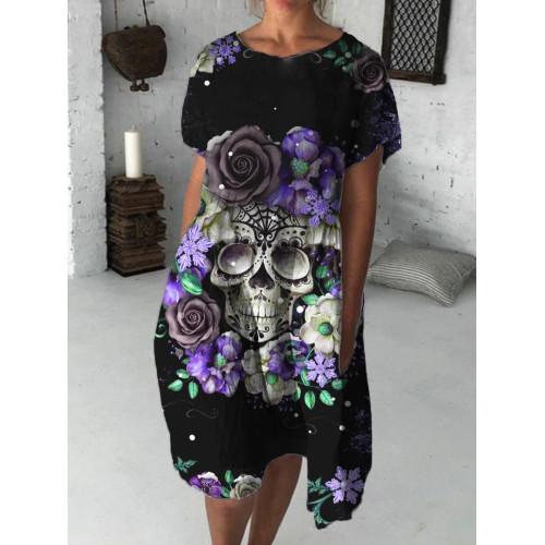 Day Of The Dead Flower Skull Pattern Midi Dress