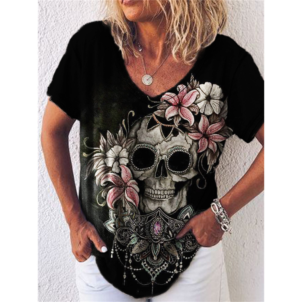 Day Of The Dead Flower Skull Print V Neck T Shirt