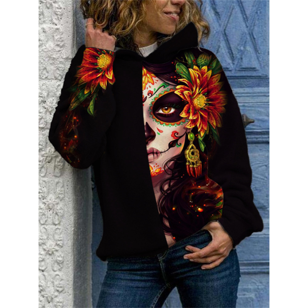 Day Of The Dead Half Face Queen Skull Print Hoodie
