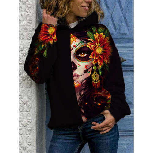 Day Of The Dead Half Face Queen Skull Print Hoodie