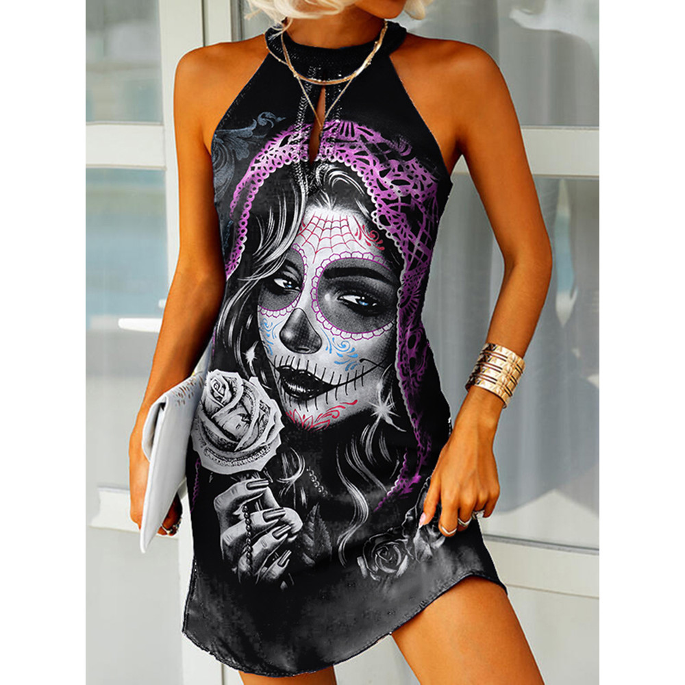 Day Of The Dead Halterneck Sleeveless Casual Mini Dress