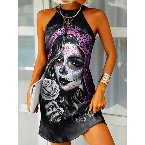 Day Of The Dead Halterneck Sleeveless Casual Mini Dress
