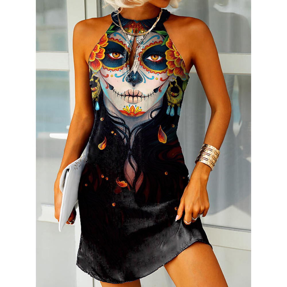 Day Of The Dead Halterneck Sleeveless Mini Dress