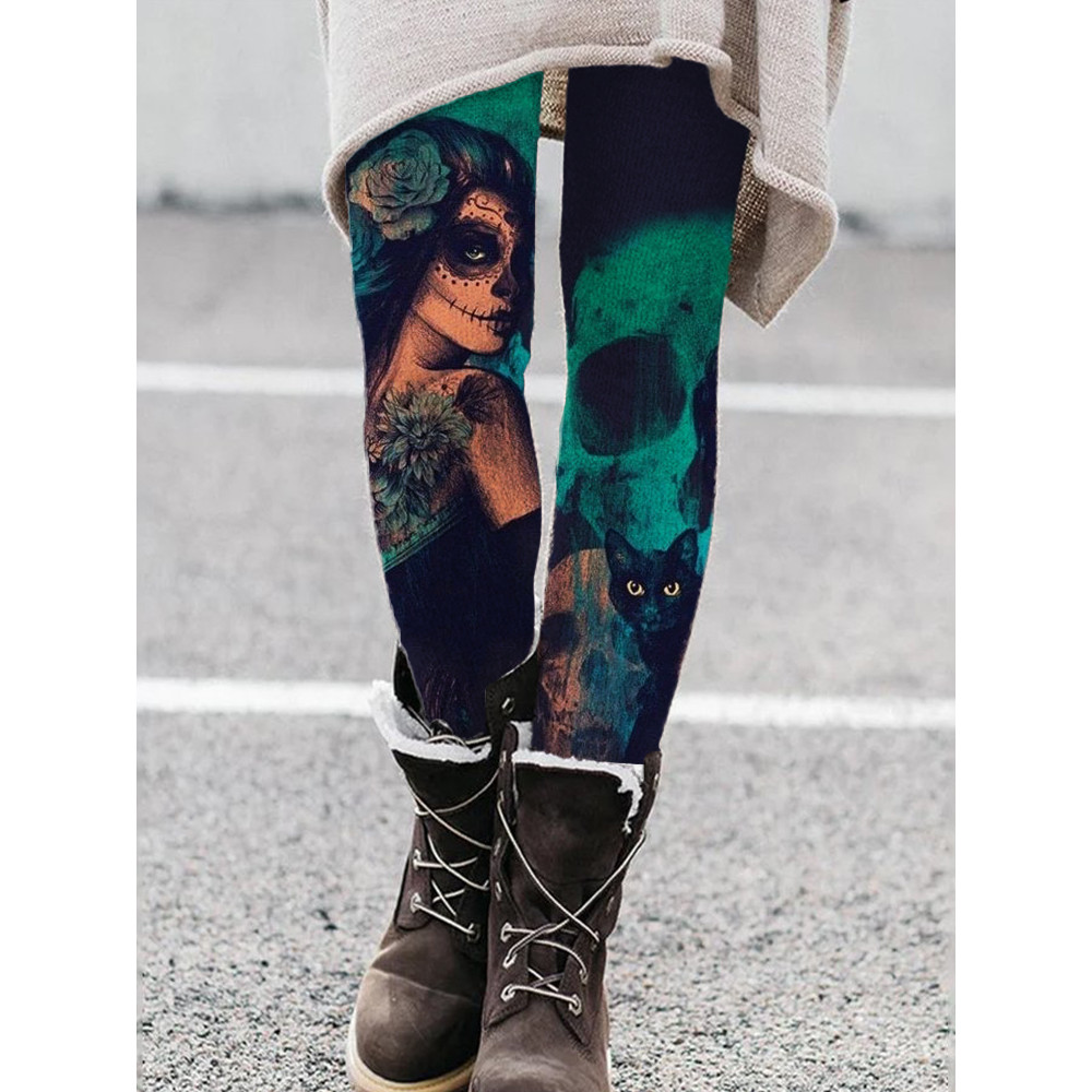 Day Of The Dead Horror Skull Black Cat Leggings