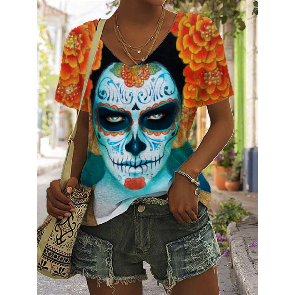 Day Of The Dead Lady Art V Neck T Shirt