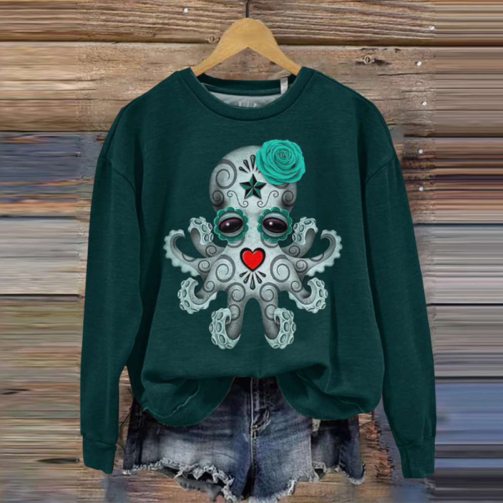 Day Of The Dead Octopus Dark Print Long Sleeve Casual Sweatshirt