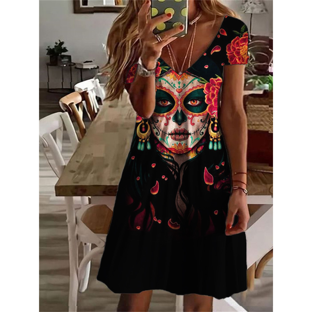 Day Of The Dead Peony Queen Skull Midi Dress