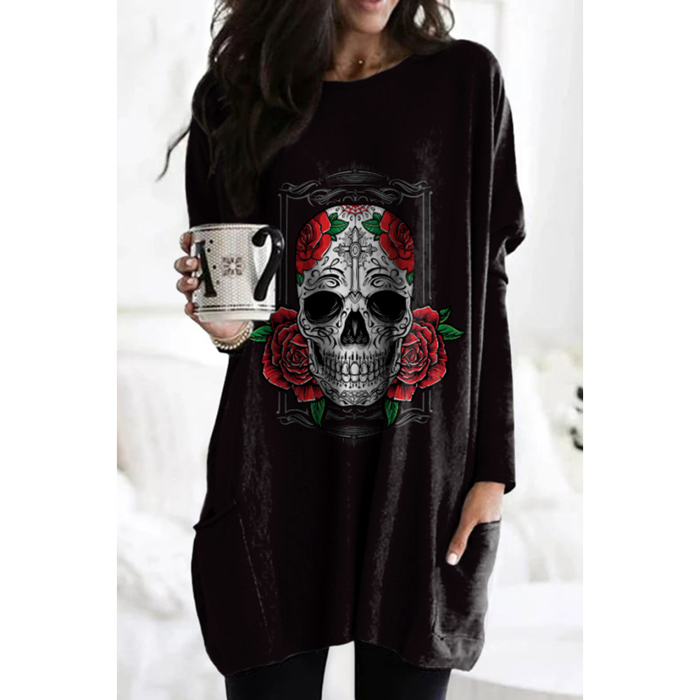 Day Of The Dead Print Crew Neck Pocket Casual Tunic