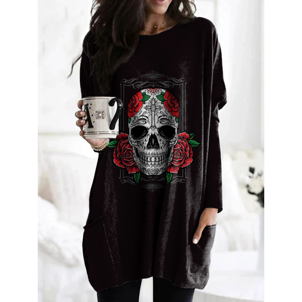 Day Of The Dead Print Crew Neck Pocket Casual Tunic