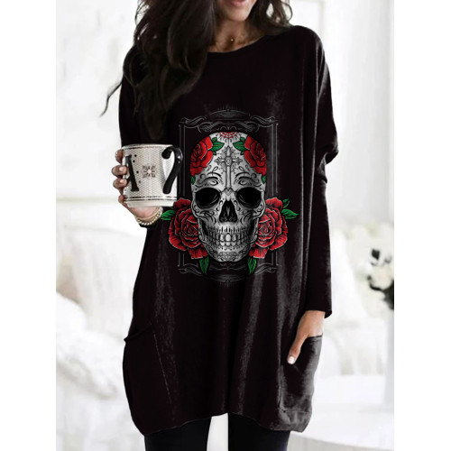 Day Of The Dead Print Crew Neck Pocket Casual Tunic