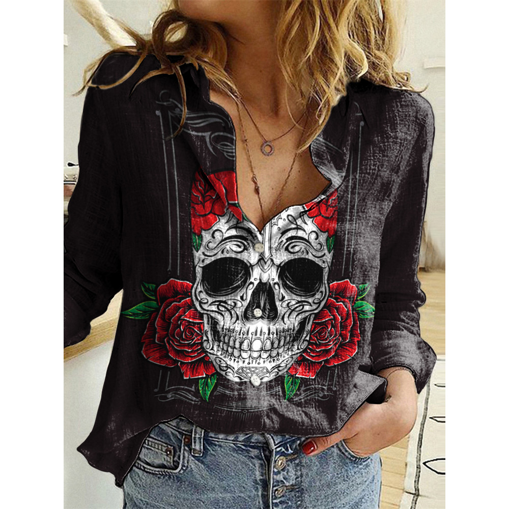 Day Of The Dead Print Long Sleeve Casual Shirt