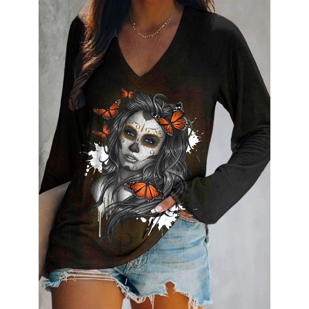 Day Of The Dead Print Long Sleeve Casual T-Shirt