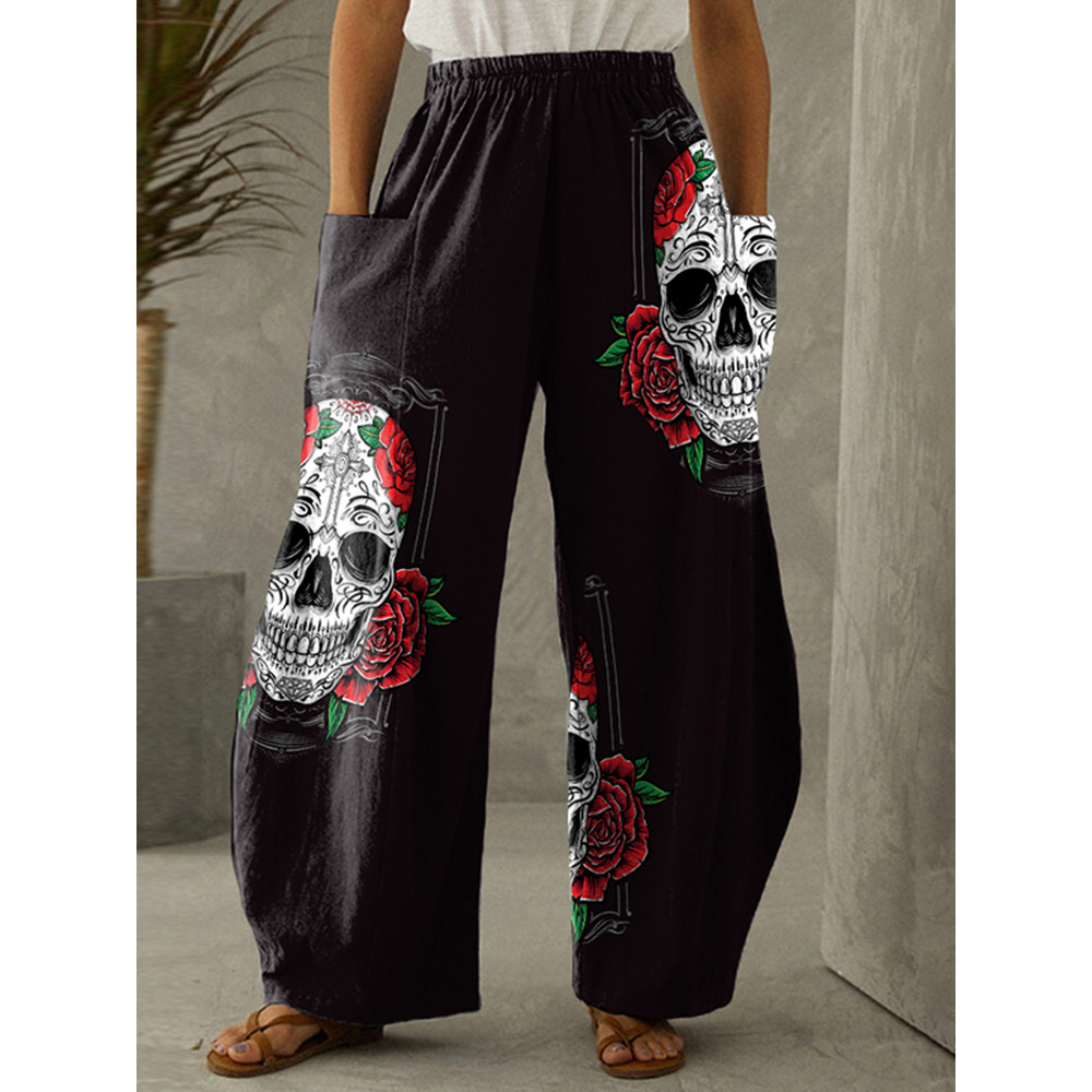 Day Of The Dead Print Loose Pocket Lounge Pants
