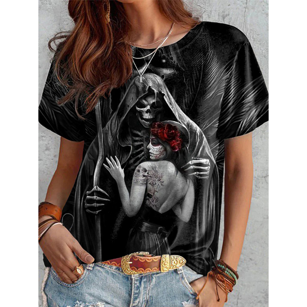 Day Of The Dead Print Round Neck Casual T-Shirt