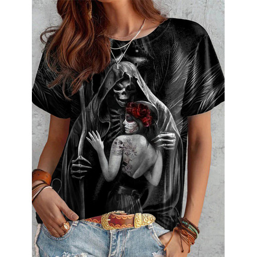 Day Of The Dead Print Round Neck Casual T-Shirt