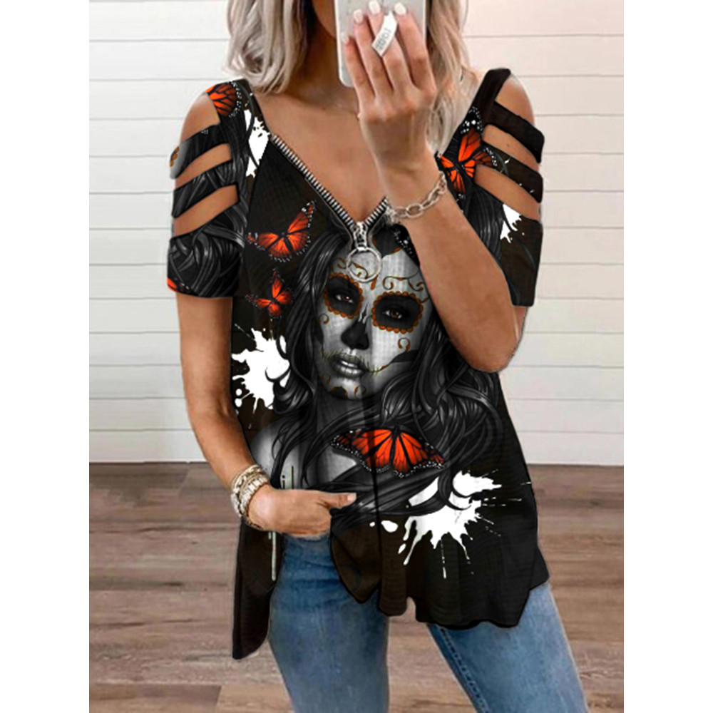 Day Of The Dead Print V Neck Cutout Short Sleeve T-Shirt