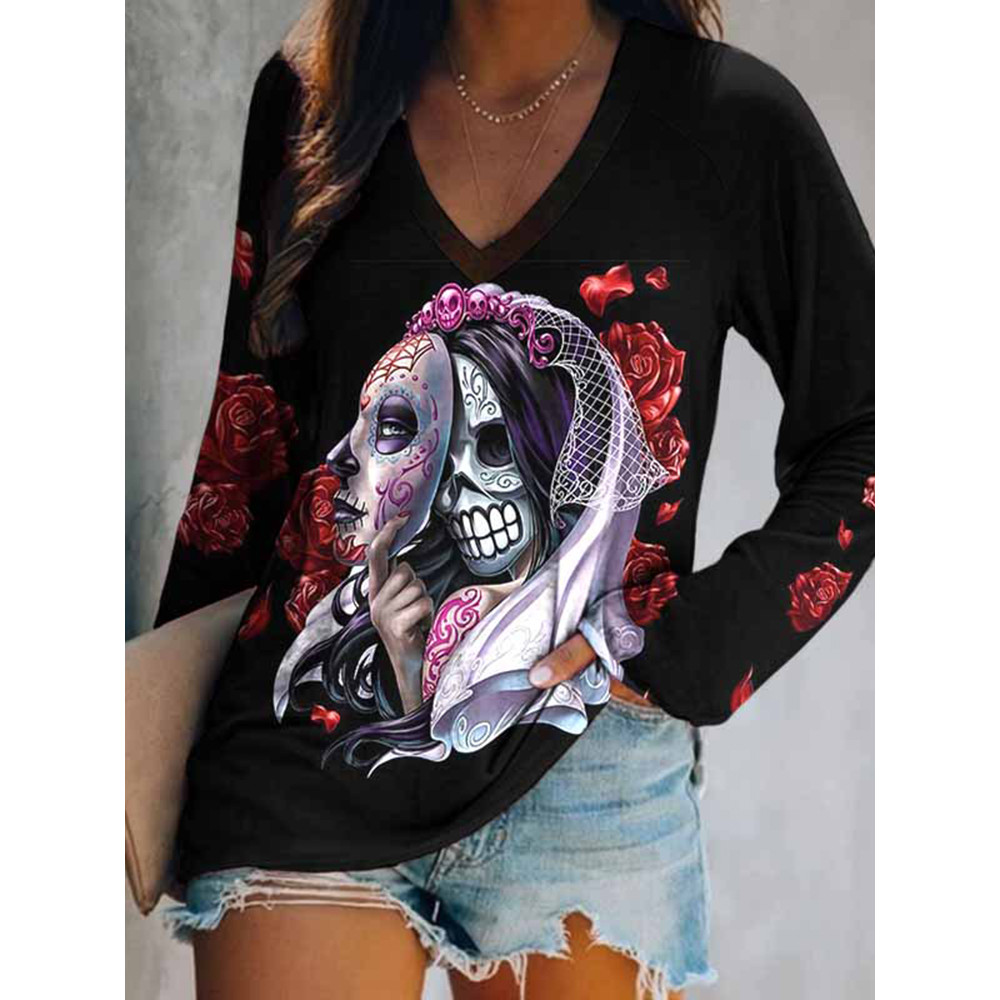 Day Of The Dead Print V-Neck Long Sleeve Casual T-Shirt