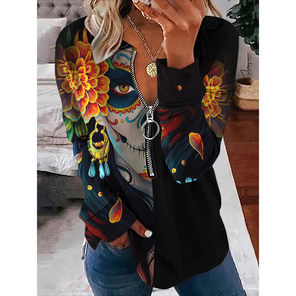 Day Of The Dead Print V Neck Long Sleeve Sweatshirt